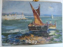 TABLEAU ANCIEN SIGNÉ MICHELINE MASSE / BATEAUX AU LARGE D'ANTIBES REMPARTS 27x19