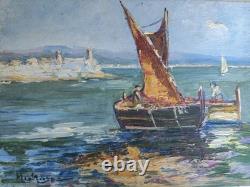 TABLEAU ANCIEN SIGNÉ MICHELINE MASSE / BATEAUX AU LARGE D'ANTIBES REMPARTS 27x19