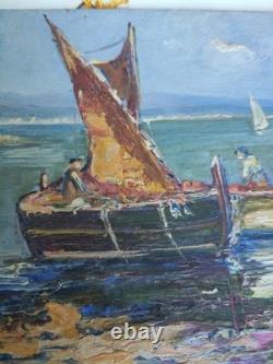 TABLEAU ANCIEN SIGNÉ MICHELINE MASSE / BATEAUX AU LARGE D'ANTIBES REMPARTS 27x19