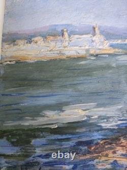 TABLEAU ANCIEN SIGNÉ MICHELINE MASSE / BATEAUX AU LARGE D'ANTIBES REMPARTS 27x19