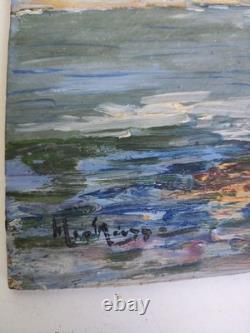 TABLEAU ANCIEN SIGNÉ MICHELINE MASSE / BATEAUX AU LARGE D'ANTIBES REMPARTS 27x19