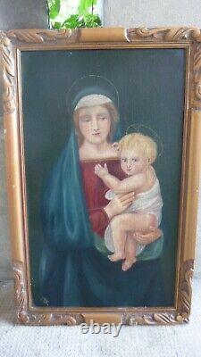 TABLEAU Ancien Vierge à l'enfant peinture huile sur panneau religieux