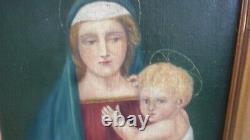 TABLEAU Ancien Vierge à l'enfant peinture huile sur panneau religieux