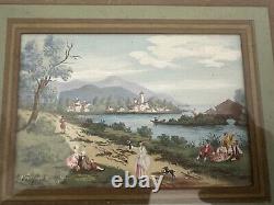 TABLEAU XVIIIeme Ancienne Peinture Scène Romantique Magnifique Encadrement