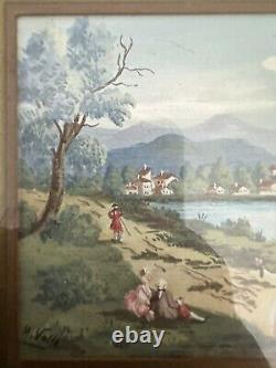 TABLEAU XVIIIeme Ancienne Peinture Scène Romantique Magnifique Encadrement