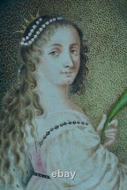 Tableau 17ème Ancien Portrait Sainte Catherine d' Alexandrie Vélin Cadre doré