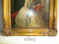 Tableau Ancien 1850 Environ-xix Siècle-jeune Fille-peinture A L'huile Sur Carton