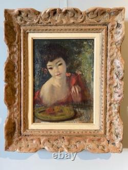 Tableau Ancien 1940 Portrait Jeune Fille Asiatique Huile/Bois Indochine Paris