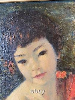 Tableau Ancien 1940 Portrait Jeune Fille Asiatique Huile/Bois Indochine Paris