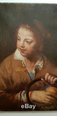 Tableau Ancien 46x62 Garcon panier Pomme Portrait Huile Toile Peinture HST Boy