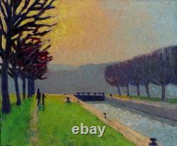 Tableau Ancien Albert FALTE 1946 Paysage Canal Soleil couchant P. Impressioniste