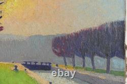 Tableau Ancien Albert FALTE 1946 Paysage Canal Soleil couchant P. Impressioniste