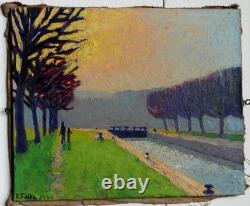 Tableau Ancien Albert FALTE 1946 Paysage Canal Soleil couchant P. Impressioniste