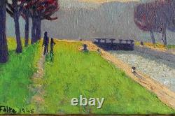 Tableau Ancien Albert FALTE 1946 Paysage Canal Soleil couchant P. Impressioniste