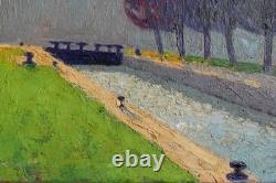 Tableau Ancien Albert FALTE 1946 Paysage Canal Soleil couchant P. Impressioniste