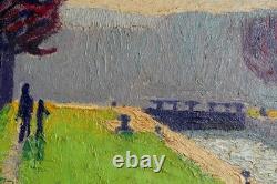 Tableau Ancien Albert FALTE 1946 Paysage Canal Soleil couchant P. Impressioniste