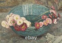 Tableau Ancien Art Déco Emile Beaume Bol Bleu Fleurs Roses Collier Dentelle 1936