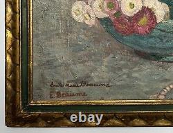 Tableau Ancien Art Déco Emile Beaume Bol Bleu Fleurs Roses Collier Dentelle 1936
