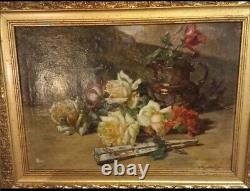 Tableau Ancien Bouquet de Fleurs Roses Huile Nature Morte Début XXème