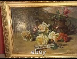 Tableau Ancien Bouquet de Fleurs Roses Huile Nature Morte Début XXème