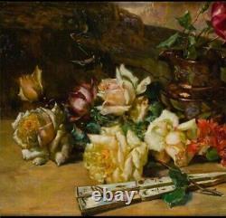 Tableau Ancien Bouquet de Fleurs Roses Huile Nature Morte Début XXème