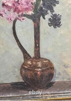 Tableau Ancien Bouquet de Fleurs Vase Huile Nature Morte Début XXème