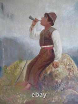 Tableau Ancien Datant De 1908-berger Soufflant Corne D'appel-peinture A L'huile