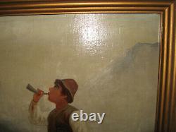 Tableau Ancien Datant De 1908-berger Soufflant Corne D'appel-peinture A L'huile