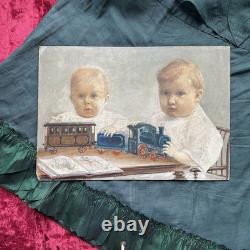Tableau Ancien Deux Garçons Jouent Train Et Livre Huile Sur Carton