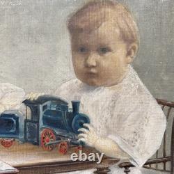 Tableau Ancien Deux Garçons Jouent Train Et Livre Huile Sur Carton