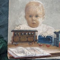 Tableau Ancien Deux Garçons Jouent Train Et Livre Huile Sur Carton