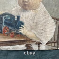 Tableau Ancien Deux Garçons Jouent Train Et Livre Huile Sur Carton