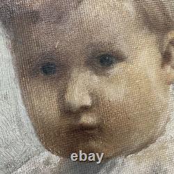 Tableau Ancien Deux Garçons Jouent Train Et Livre Huile Sur Carton