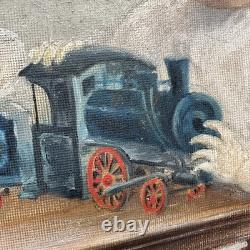 Tableau Ancien Deux Garçons Jouent Train Et Livre Huile Sur Carton