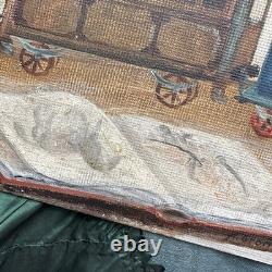 Tableau Ancien Deux Garçons Jouent Train Et Livre Huile Sur Carton