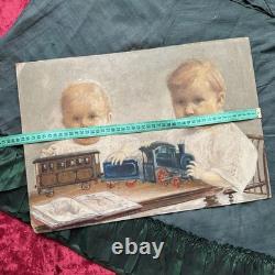 Tableau Ancien Deux Garçons Jouent Train Et Livre Huile Sur Carton