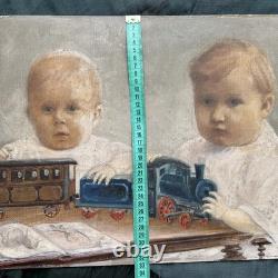 Tableau Ancien Deux Garçons Jouent Train Et Livre Huile Sur Carton