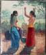 Tableau Ancien École Balinaise Femmes Étendant Le Linge Huile Sur Toile Signé