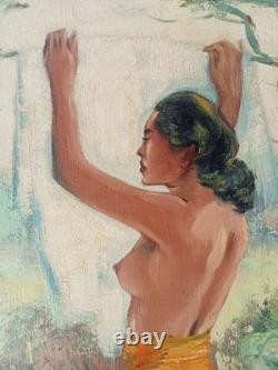 Tableau Ancien École Balinaise Femmes Étendant Le Linge Huile Sur Toile Signé