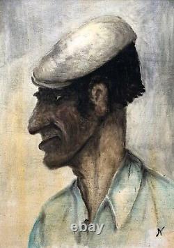 Tableau Ancien Encadré, Portrait d'Homme Au Béret, Huile Sur Panneau, XXe