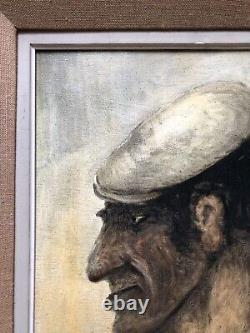 Tableau Ancien Encadré, Portrait d'Homme Au Béret, Huile Sur Panneau, XXe