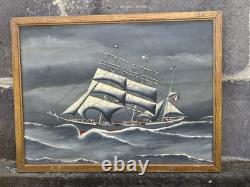 Tableau Ancien Ex Voto Huile Navire Bateau Voilier Tempête Marine