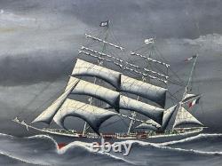 Tableau Ancien Ex Voto Huile Navire Bateau Voilier Tempête Marine