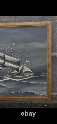 Tableau Ancien Ex Voto Huile Navire Bateau Voilier Tempête Marine