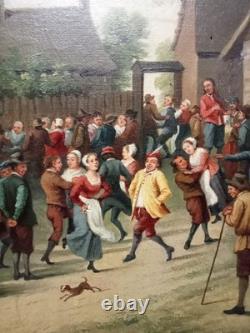 Tableau Ancien Fete Villageoise Huile Toile 19 Ème D'après Tenier