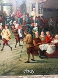 Tableau Ancien Fete Villageoise Huile Toile 19 Ème D'après Tenier