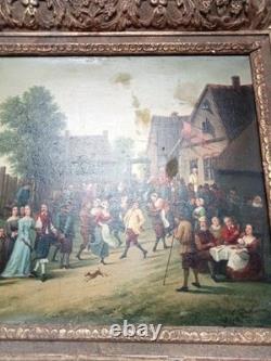 Tableau Ancien Fete Villageoise Huile Toile 19 Ème D'après Tenier