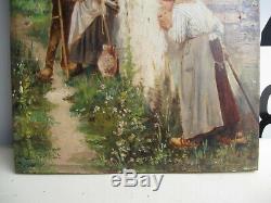 Tableau Ancien Fin XIX Siècle-couple D'amoureux-peinture A L'huile Sur Bois