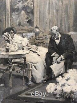 Tableau Ancien Grisaille Scène Couple Intérieur Illustration G. Cazenove 1900