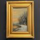 Tableau Ancien HSP Coucher Soleil Paysage Lacustre Enneigé Animé Signé